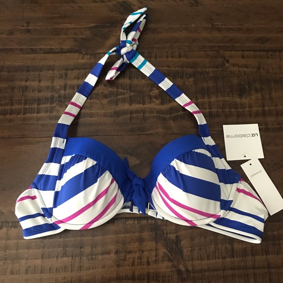 Liz Claiborne Other - New Liz Claiborne Bikini Swim Top Size 14 Blue White Stripe Padded